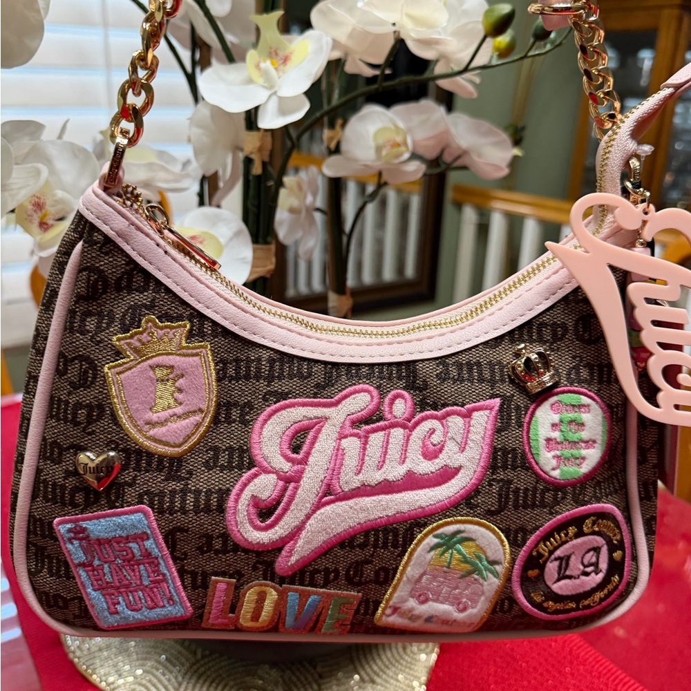NWT Juicy Couture RUN THE WORLD Pink-Trim Patchwork Logo Shoulder Bag